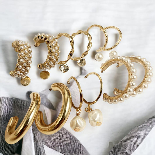 Combo Of 9 Stunning Gold Plated Pearl Studs and Hoop Earrings